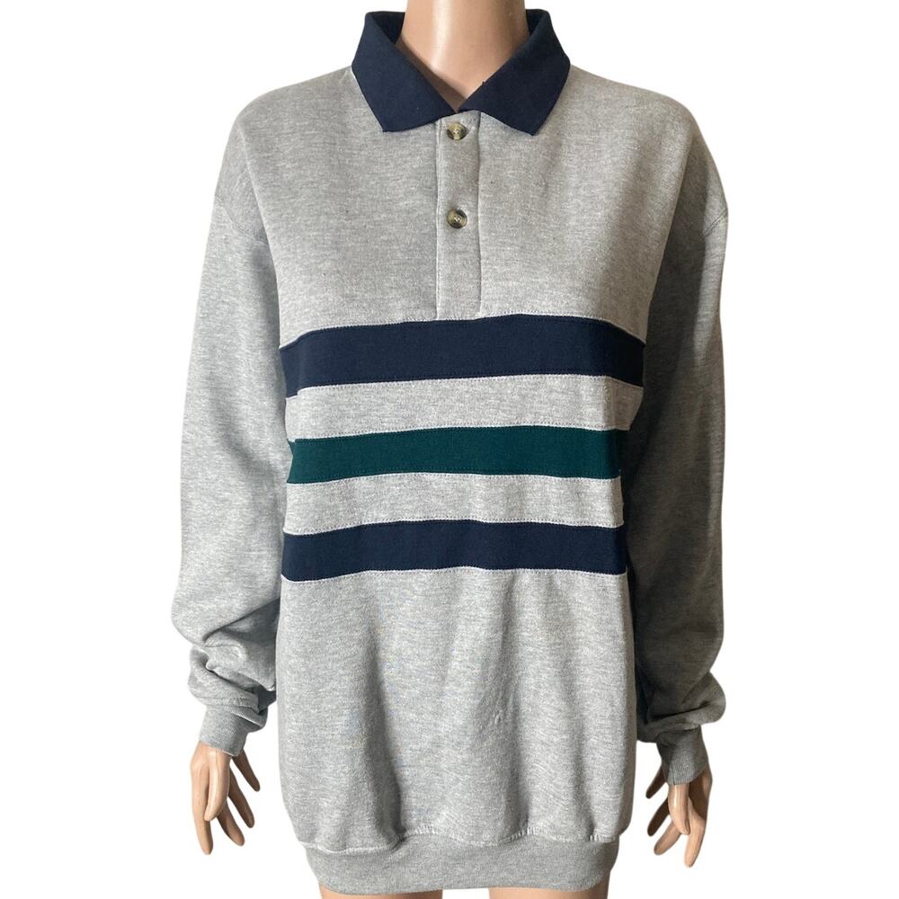 VTG Champions Choice Mens Small Gray Rugby Sweatshirt Long Sleeve Polo Striped